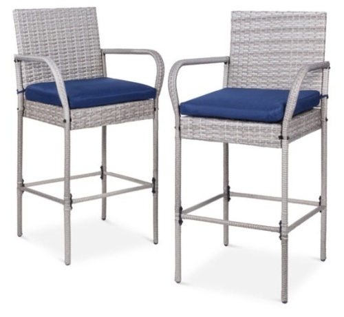 Set of 2 Indoor Outdoor Wicker Bar Stools w/ Cushion, Footrests, Armrests, Gray - Lot 192