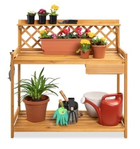 Wooden Garden Potting Bench Workstation w/ Cabinet Drawer, Open Shelf - Lot 39