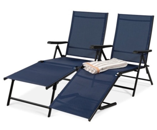 Set of 2 Outdoor Patio Chaise Recliner Lounge Chairs w/ Rust-Resistant Frame, Navy - Lot 209