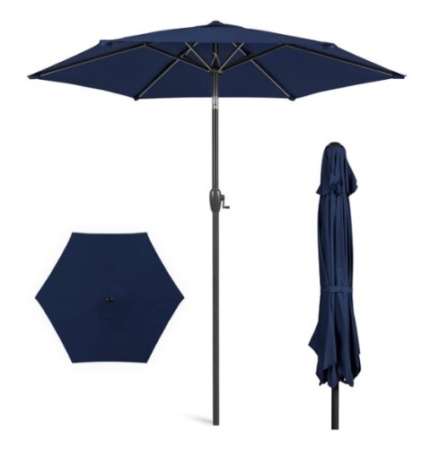 Outdoor Market Patio Umbrella w/ Push Button Tilt, Crank Lift - 7.5ft, Navy Blue - Lot 217