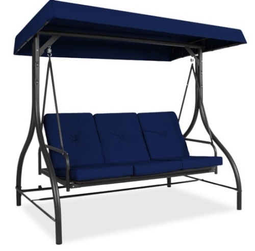 3-Seat Outdoor Canopy Swing Glider Furniture w/ Converting Flatbed Backrest, Navy - Lot 220