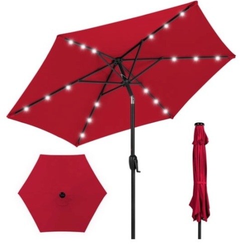 Outdoor Solar Patio Umbrella w/ Push Button Tilt, Crank Lift - 7.5ft, Red - Lot 223