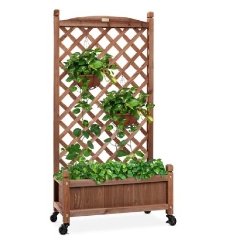 Wood Planter Box & Lattice Trellis w/ Drainage, Optional Wheels - 60in - Lot 53