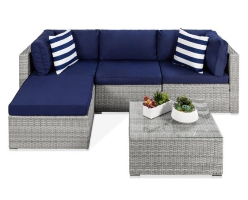 5-Piece Modular Wicker Sectional Conversation Set w/ 2 Pillows, Coffee Table - Lot 230
