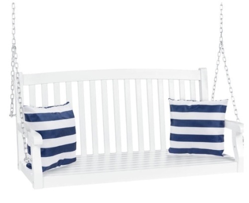 Wooden Curved Back Hanging Porch Swing Bench w/ Mounting Chains - 48in, White - Lot 232