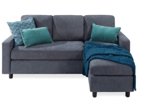 Linen Sectional Sofa Couch w/ Chaise Lounge, Reversible Ottoman Bench, Blue/Gray - Lot 234