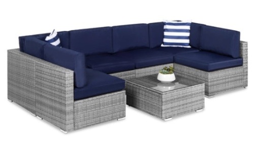 7-Piece Modular Wicker Sectional Conversation Set w/ 2 Pillows, Cover, Gray/Navy - Lot 239