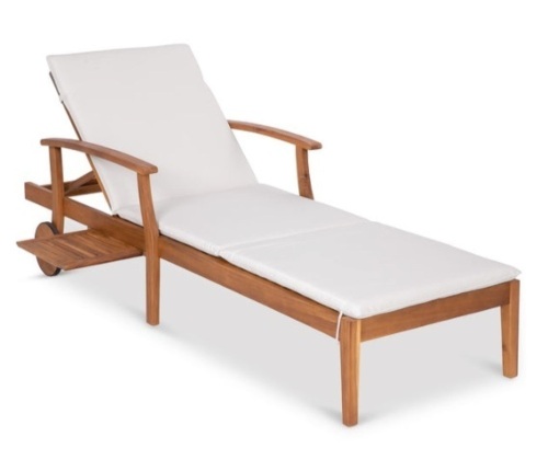 Adjustable Acacia Wood Chaise Lounge Chair w/ Side Table, Wheels - 79x26in, Cream - Lot 249