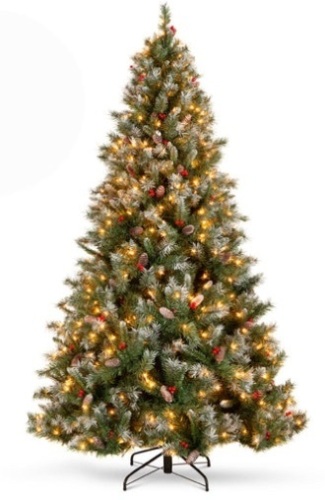 Pre-Lit Christmas Pine Tree w/ Pine Cones, Flocked Branch Tips, Berries, 7.5ft - Lot 250