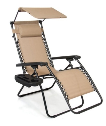 Folding Zero Gravity Recliner Patio Lounge Chair w/ Canopy, Side Tray, Beige - Lot 238