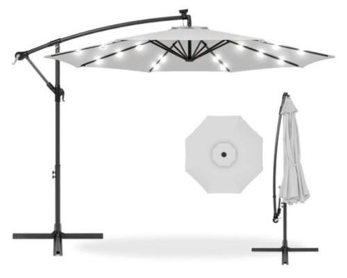 Solar LED Offset Hanging Patio Umbrella w/ Crank Tilt Adjustment - 10ft, Fog Gray - Lot 240