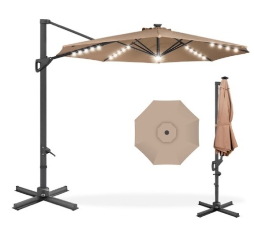 360-Degree Solar LED Cantilever Offset Patio Umbrella w/ Tilt - 10ft, Tan - Lot 243