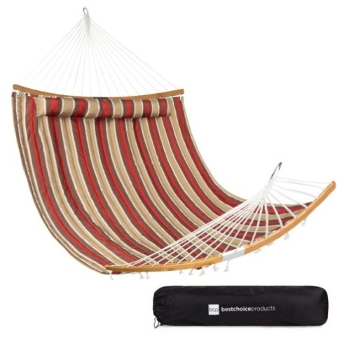 2-Person Quilted Portable Hammock w/ Curved Bamboo Spreader Bar, Carry Bag, Burgundy/Tan Stripe - Lot 245