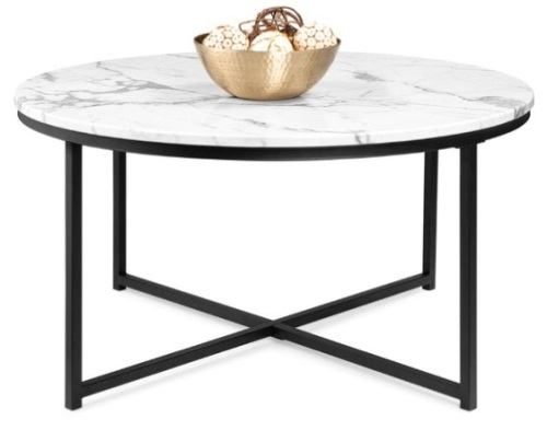 Round Coffee Table w/ Faux Marble Top, Metal Frame - 36in, Black - Lot 248