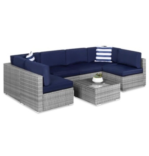 7-Piece Modular Wicker Sectional Conversation Set w/ 2 Pillows, Cover - Lot 75