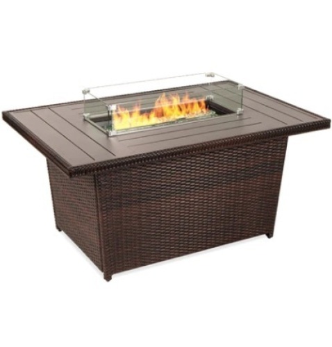Wicker Propane Fire Pit Table, 50,000 BTU w/ Glass Wind Guard, Cover - 52in - Lot 78