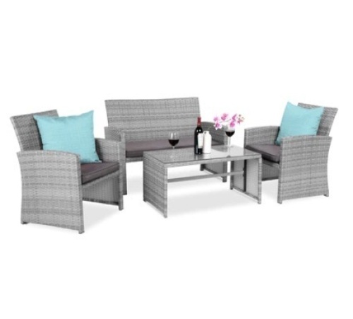 4-Piece Outdoor Wicker Conversation Patio Set w/ 4 Seats, Glass Table Top - Lot 92