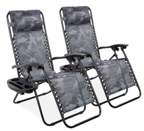 Set of 2 Adjustable Zero Gravity Patio Chair Recliners w/ Cup Holders, Camouflage - Lot 258