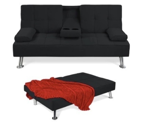 Linen Upholstered Convertible Sofa Bed Futon w/ 2 Cupholders - Lot 99