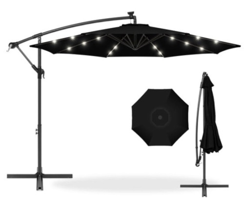 Solar LED Offset Hanging Patio Umbrella w/ Crank Tilt Adjustment - 10ft, Black - Lot 267