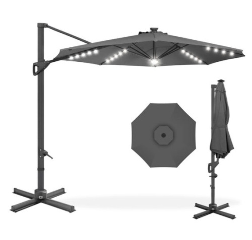 360-Degree Solar LED Cantilever Offset Patio Umbrella w/ Tilt - 10ft, Gray - Lot 268