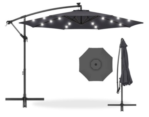 Solar LED Offset Hanging Patio Umbrella w/ Crank Tilt Adjustment - 10ft, Gray - Lot 269