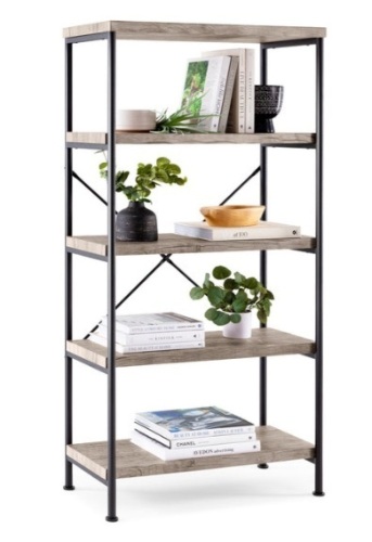 5-Tier Industrial Bookshelf w/ Metal Frame, Wood Shelves, Gray - Lot 270