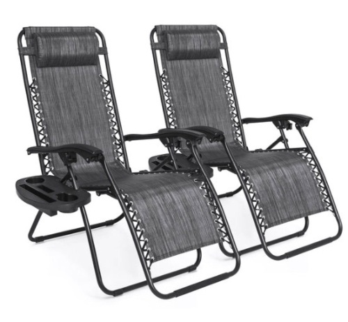 Set of 2 Adjustable Zero Gravity Patio Chair Recliners w/ Cup Holders, Gray - Lot 283