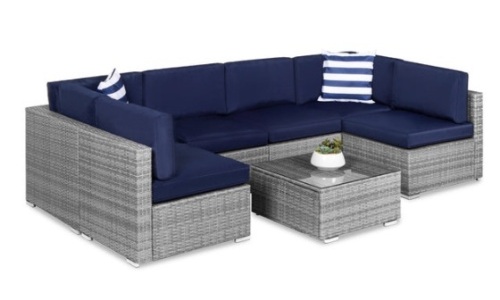 7-Piece Modular Wicker Sectional Conversation Set w/ 2 Pillows, Cover, Gray/Navy - Lot 284