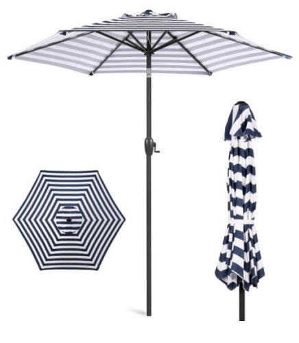 Outdoor Market Patio Umbrella w/ Push Button Tilt, Crank Lift - 7.5ft, Navy Stripe - Lot 286
