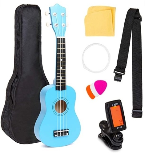 21in Acoustic Soprano Basswood Ukulele Starter Kit w/Nylon Carrying Gig Bag, Strap, Colorful Picks, Polishing Cloth, Clip-On Digital Tuner, Extra String - Blue - Lot 288
