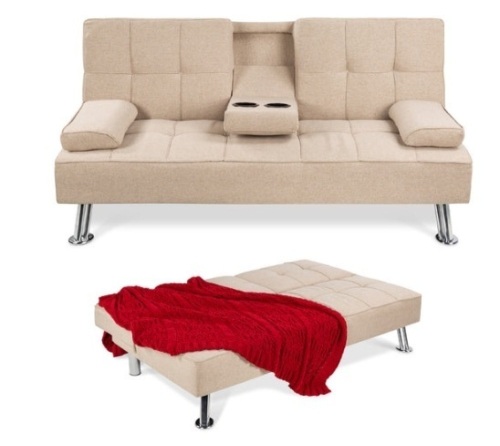 Linen Upholstered Convertible Sofa Bed Futon w/ 2 Cupholders, Beige - Lot 296