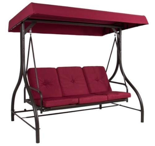 3-Seat Outdoor Canopy Swing Glider Furniture w/ Converting Flatbed Backrest, Burgundy - Lot 297