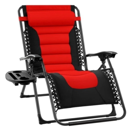 Oversized Padded Zero Gravity Chair, Folding Recliner w/ Headrest, Side Tray, Red - Lot 300
