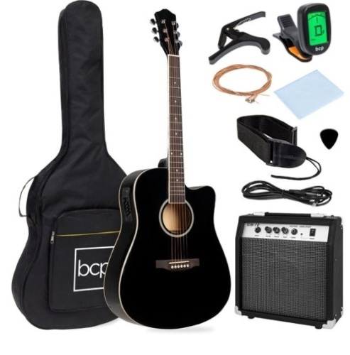 Beginner Acoustic Electric Cutaway Guitar Set w/ Case, Strap - 41in, Black - Lot 301