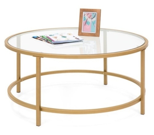 Round Tempered Glass Coffee Table w/ Steel Frame - 36in, Gold - Lot 302