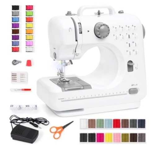 6V Portable Foot Pedal Sewing Machine w/ 12 Stitch Patterns, Gray/White - Lot 313