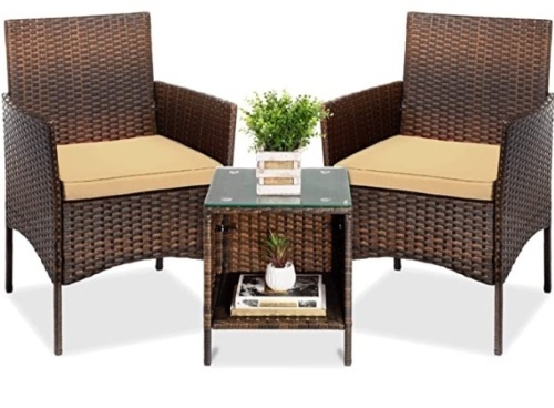 3-Piece Outdoor Wicker Conversation Bistro Set, Space Saving Patio Furniture for Yard, Garden w/ 2 Chairs, 2 Cushions, Side Storage Table - Brown/Tan - Lot 316