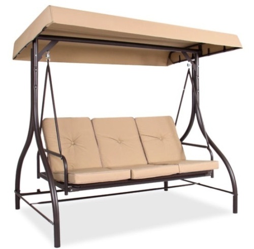 3-Seat Outdoor Canopy Swing Glider Furniture w/ Converting Flatbed Backrest, Tan - Lot 334