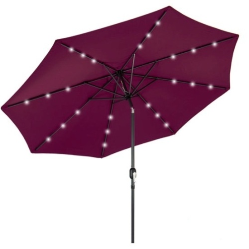 Solar LED Lighted Patio Umbrella w/ Tilt Adjustment, UV-Resistance - 10ft, Burgundy - Lot 330