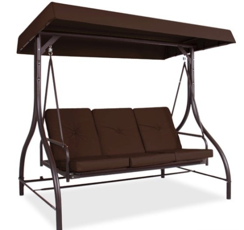 3-Seat Outdoor Canopy Swing Glider Furniture w/ Converting Flatbed Backrest, Brown - Lot 332