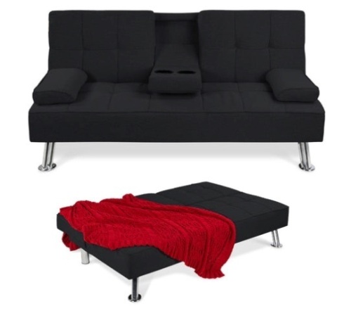 Linen Upholstered Convertible Sofa Bed Futon w/ 2 Cupholders, Black - Lot 333