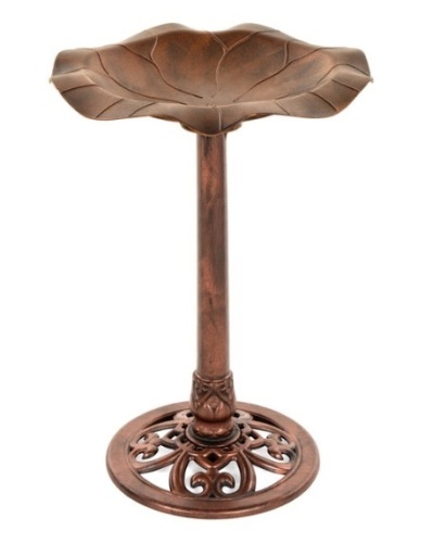 Lily Leaf Pedestal Bird Bath Decoration Accent w/ Floral Accents, Copper - Lot 393