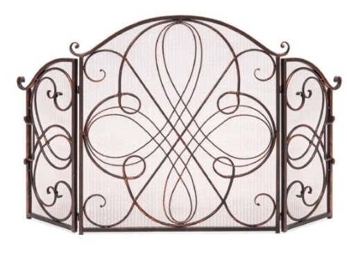 3-Panel Wrought Iron Metal Fireplace Screen Cover w/ Scroll Design - 55x33in, Copper - Lot 385