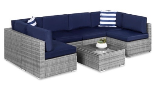 7-Piece Modular Wicker Sectional Conversation Set w/ 2 Pillows, Cover, Gray/Navy - Lot 387