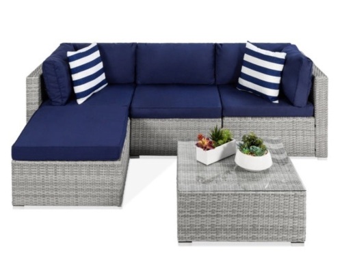 5-Piece Modular Wicker Sectional Conversation Set w/ 2 Pillows, Coffee Table - Lot 388