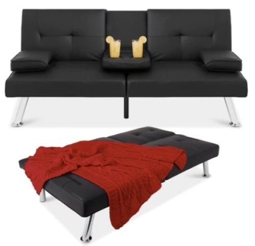 Faux Leather Upholstered Convertible Sofa Bed Futon w/ 2 Cupholders - Lot 354