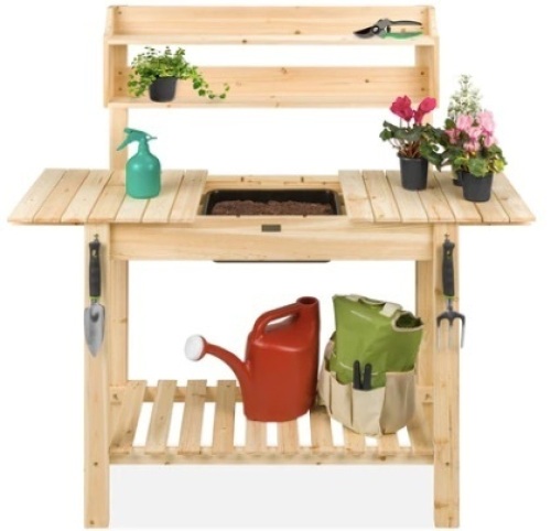 Wood Garden Potting Bench w/ Sliding Tabletop, Food Grade Dry Sink - Lot 355