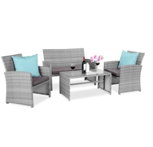 4-Piece Outdoor Wicker Conversation Patio Set w/ 4 Seats, Glass Table Top - Lot 359
