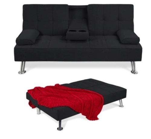 Linen Upholstered Convertible Sofa Bed Futon w/ 2 Cupholders, Black - Lot 374